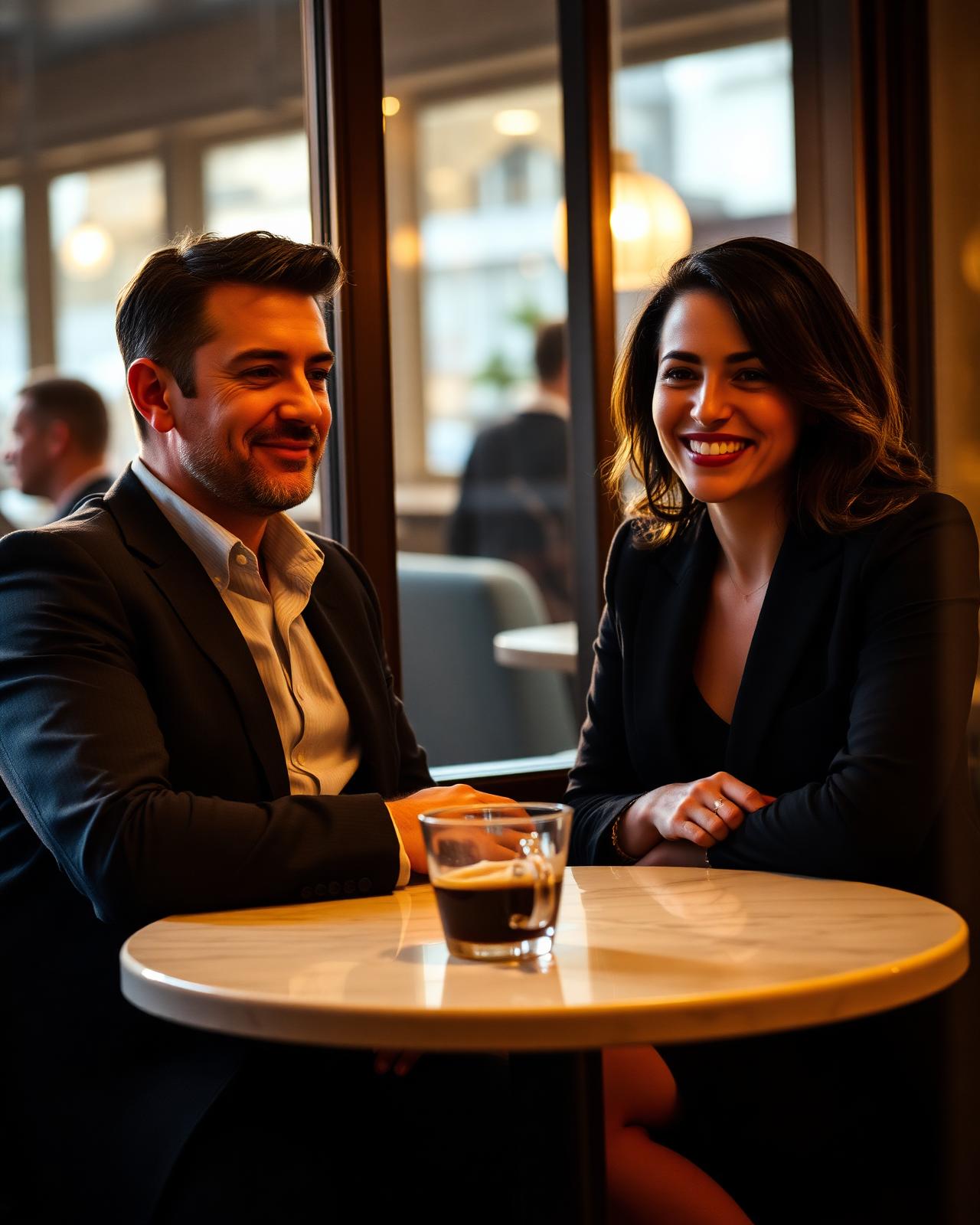 Homem e mulher em uma conversa espontânea em cafeteria elegante