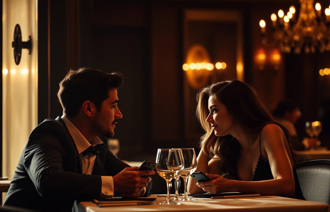 Homem e mulher em conversa em restaurante elegante